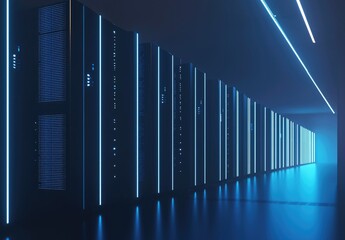 Poster - Futuristic 3D render of a high-tech server room with glowing blue LED lights and symmetrical rows of data racks, ideal for technology, cloud computing, and cybersecurity themes