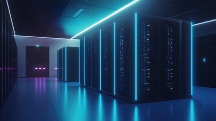 Poster - Modern 3D render of a sleek data center with glowing blue and violet-lit server racks in a high-tech room, ideal for cloud computing, security, and futuristic tech visuals