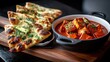 © Sarawut - Sizzling hot garlic naan brushed with butter and herbs next to a thick, tomato-based paneer curry