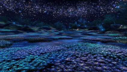 Poster - Enchanted Meadow Under a Starry Sky at Night, Evoking Dreams and Peaceful Escape, Ideal for Fantasy and Serenity Projects : Generative AI