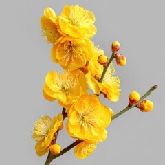 Wall Mural - Close-up of Yellow Japanese Allspice Flowers Blooming on a Branch Against a Neutral Background in Studio Lighting
