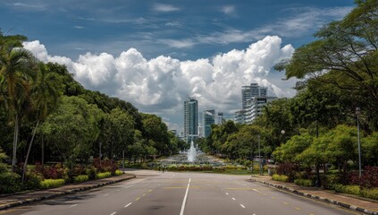 Poster - Cityscape View Through Lush Green Trees With Fountain, Showcasing Urban Planning and Sustainable Development, Inspiring Travel and Tourism : Generative AI