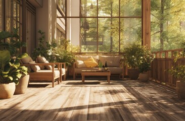 Poster - Serene Veranda With Forest View, Offering Relaxation and a Peaceful Retreat for Vacation Rentals and Nature Tourism Marketing : Generative AI