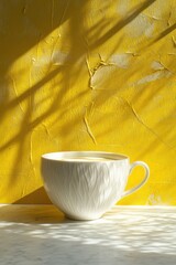 Poster - White Cup Still Life on Marble Surface with Yellow Textured Wall and Shadow Play in Studio Shot