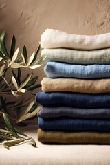 Poster - Stack of Folded Linen Clothes with Olive Branch, Representing Comfort, Sustainable Living, and Eco-Friendly Products for Home Decor and Textile Industry : Generative AI