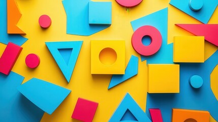 Poster - graphic design with vibrant color-blocking of shapes like triangles, squares, and circles, arranged in a way that creates a fun and engaging visual composition