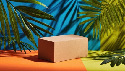Poster - Geometric Podium Display With Palm Leaves Against Colorful Backdrop, Ideal for Summer Product Presentation and Creative Marketing Campaigns : Generative AI