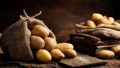 Aufkleber - Potatoes Spilling From Burlap Sack on Wooden Table, Showcasing Rustic Charm and Farm-to-Table Freshness for Food Bloggers and Culinary Enthusiasts : Generative AI