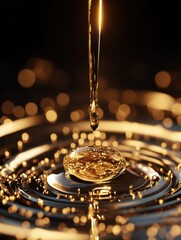 Poster - Golden liquid drop falling into a pool creating ripples high angle shot studio setting with bokeh effect