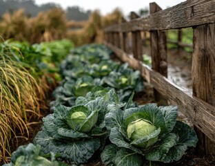 Fototapete - Rows of Cabbage Growing in a Rainy Garden Next to a Wooden Fence, Representing Sustainable Agriculture and Organic Food Production : Generative AI