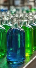 Poster - Row of Glass Bottles Filled With Blue and Green Liquid, Suggesting Scientific Research and Chemical Solutions for Pharmaceutical Industry : Generative AI