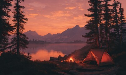 Poster - Tent and Campfire at Dusk Near Lake and Mountains, Embodying Outdoor Adventure and Peaceful Getaway for Travel and Tourism Marketing : Generative AI