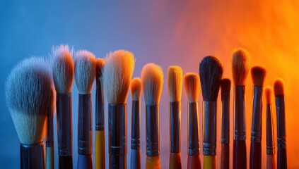 Aufkleber - Makeup Brushes Standing in a Row With Blue and Orange Lighting, Representing Beauty Products and Cosmetic Marketing Campaigns : Generative AI