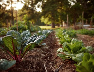 Poster - Rows of Leafy Greens Growing in Garden at Sunset, Showcasing Sustainable Agriculture and Organic Food Production for Healthy Lifestyle Choices : Generative AI