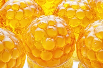 Poster - Macro Close-Up of Golden Honeycomb Spheres Reflecting Light on White Surface; Natural Sweetener and Healthy Food Concept; Studio Shot