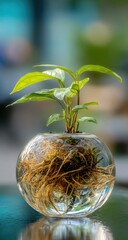 Aufkleber - Young Plant Growing in Glass Bowl with Roots and Water, Symbolizing Sustainability and Environmental Awareness for Green Initiatives : Generative AI