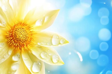 Poster - Radiant Yellow Dahlia Blossom with Water Droplets Against a Soft Blue Bokeh Background Close Up Floral Beauty