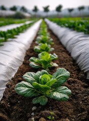 Poster - Rows of Young Cabbage Plants Growing in a Field, Showcasing Sustainable Agriculture and Organic Farming Practices for Food Production : Generative AI