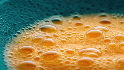 Poster - Close-Up of Orange Liquid With Bubbles in Blue Container, Showcasing Scientific Research and Pharmaceutical Development : Generative AI