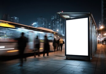 Poster - Blank Billboard at Bus Stop in City at Night, Ideal for Advertising and Marketing Campaigns, With Commuters Walking Past in a Blur : Generative AI