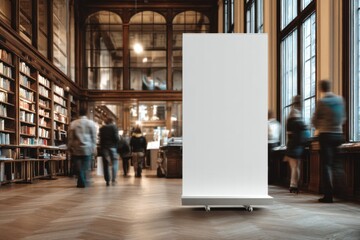 Poster - Blank Roll-Up Banner in a Library Setting, Ideal for Advertising and Educational Promotion, Offering Versatility for Marketing Campaigns and Institutional Messaging : Generative AI