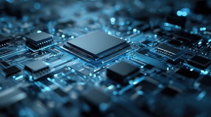 Aufkleber - Macro View of a Blue Lit Computer Chip, Representing Technological Advancement and Digital Transformation in the Modern Era : Generative AI