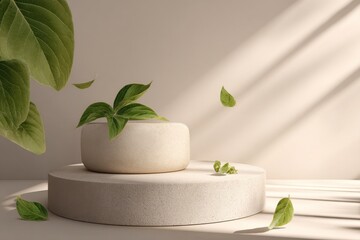 Poster - Minimalist Product Display With Green Leaves and Soft Natural Light, Ideal for Eco-Friendly Branding and Sustainable Marketing Campaigns : Generative AI