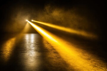 Poster - Stage lighting beams illuminate smoky atmosphere and dark floor abstract performance concept