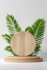 Poster - Minimalist Wooden Product Display Podium With Palm Leaves, Showcasing Natural Beauty and Sustainable Marketing : Generative AI