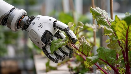 Poster - Robotic Arm Gently Holding Beet Greens in Garden, Symbolizing Automation and Sustainable Agriculture for a Greener Future : Generative AI