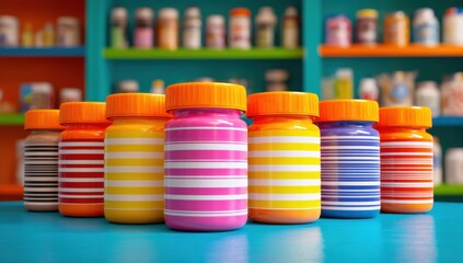 Poster - Colorful Striped Pill Bottles on Display in Pharmacy, Representing Healthcare and Pharmaceutical Innovation : Generative AI
