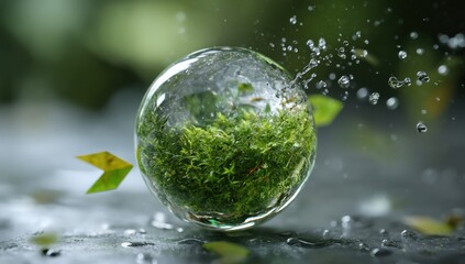 Poster - Moss Terrarium in Glass Orb with Water Droplets, Symbolizing Environmental Awareness and Sustainable Living Initiatives : Generative AI