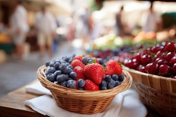 Poster - Fresh Strawberries and Blueberries in Wicker Basket at Outdoor Market, Representing Healthy Eating and Summer Harvest for Food Bloggers : Generative AI