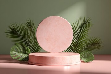 Aufkleber - Minimalist Pink Podium With Tropical Leaves Against Green Wall, Ideal for Product Presentation and Summer Marketing Campaigns : Generative AI
