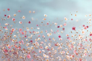 Aufkleber - Delicate Pink and White Cosmos Flowers Against a Soft Blue Sky, Evoking Springtime Joy and Natural Beauty for Wellness Campaigns : Generative AI