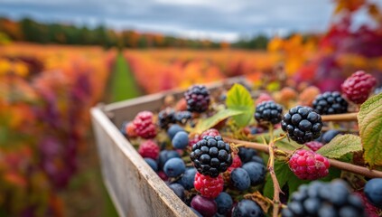 Poster - Freshly Picked Berries in Wooden Crate on Farm During Autumn, Symbolizing Healthy Eating and Sustainable Agriculture : Generative AI