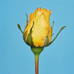 Poster - Yellow Rose Bud Close Up Studio Shot on Blue Single Flower Still Life Macro Photography Floral Beauty Nature