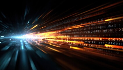 Fototapete - Streaks of Binary Code and Light Trails, Illustrating Data Flow and Digital Transformation in a High-Tech Environment for Innovation : Generative AI