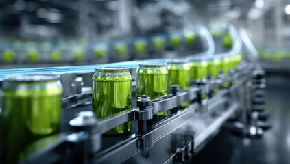 Aufkleber - Green Cans on Conveyor Belt in Factory, Depicting Automated Production and Supply Chain Efficiency : Generative AI