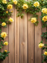 Wall Mural - Yellow roses climbing over rustic wooden fence, close-up view, natural light, garden setting, summer bloom, floral background
