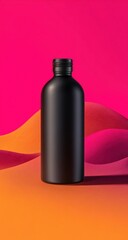 Poster - Matte Black Bottle Against Pink and Orange Sand Dunes, Showcasing Product Packaging and Minimalist Beauty, Ideal for Beauty and Wellness Branding Campaigns : Generative AI