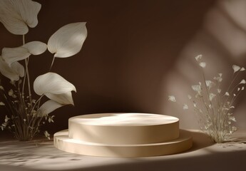 Aufkleber - Minimalist Podium With Brown Background and Botanical Elements, Ideal for Product Presentation and E-Commerce Advertising : Generative AI
