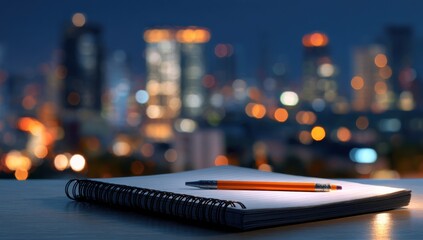 Aufkleber - Notepad and Pencil Overlooking City Lights at Night, Symbolizing Planning and Strategic Thinking for Business and Personal Development : Generative AI