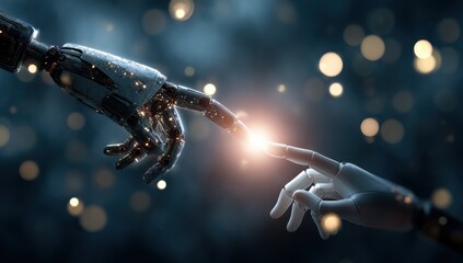 Leinwandbilder - Robot Hands Touching Fingers in Dark Futuristic Scene, Symbolizing Artificial Intelligence and Technological Innovation for Digital Transformation : Generative AI