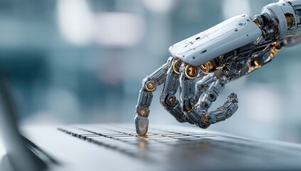 Leinwandbilder - Robotic Hand Typing on Laptop Keyboard, Representing Artificial Intelligence, Automation, and Technological Advancement in Business : Generative AI