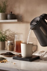 Poster - Pouring Hot Water Into a Mug for Tea, Representing Wellness and a Moment of Self-Care, Perfect for Lifestyle Content and Healthy Living Campaigns : Generative AI