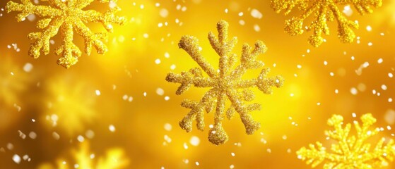 Poster - Golden Snowflakes Falling on Warm Background Close Up Festive Winter Holiday Season Celebration Concept