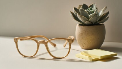 Leinwandbilder - Wooden Frame Glasses With Succulent Plant and Sticky Notes, Symbolizing Focus and Productivity in a Minimalist Workspace for Creative Inspiration : Generative AI