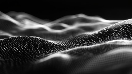 Poster - technology mesh, with fine lines and interwoven shapes creating a visual network of data and connections in a high-tech environment
