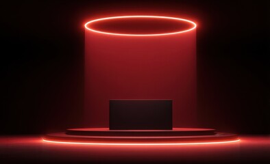 Poster - Illuminated Product Display Stand With Red Neon Lights, Ideal for Product Presentation and Technology Showcase, Creating a Futuristic Atmosphere : Generative AI